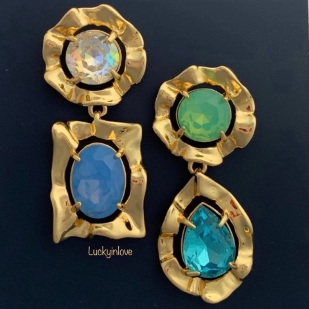 ALEXIS BITTAR• Gold Crystal Rainbow Blue Antiquities Mismatched Ruffled Earrings - Picture 2 of 10
